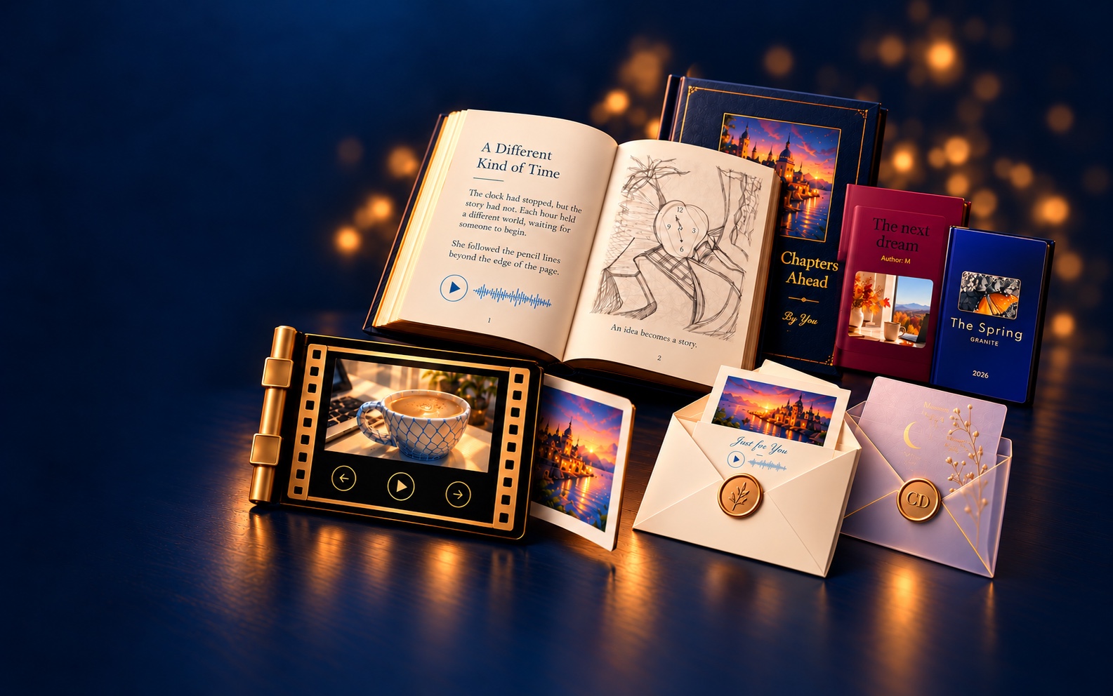 Storybooks with written stories and an original pencil sketch, photo and illustrated flipbook pages, sealed cards, and voice cues. Smaller covers show The next dream and The Spring.